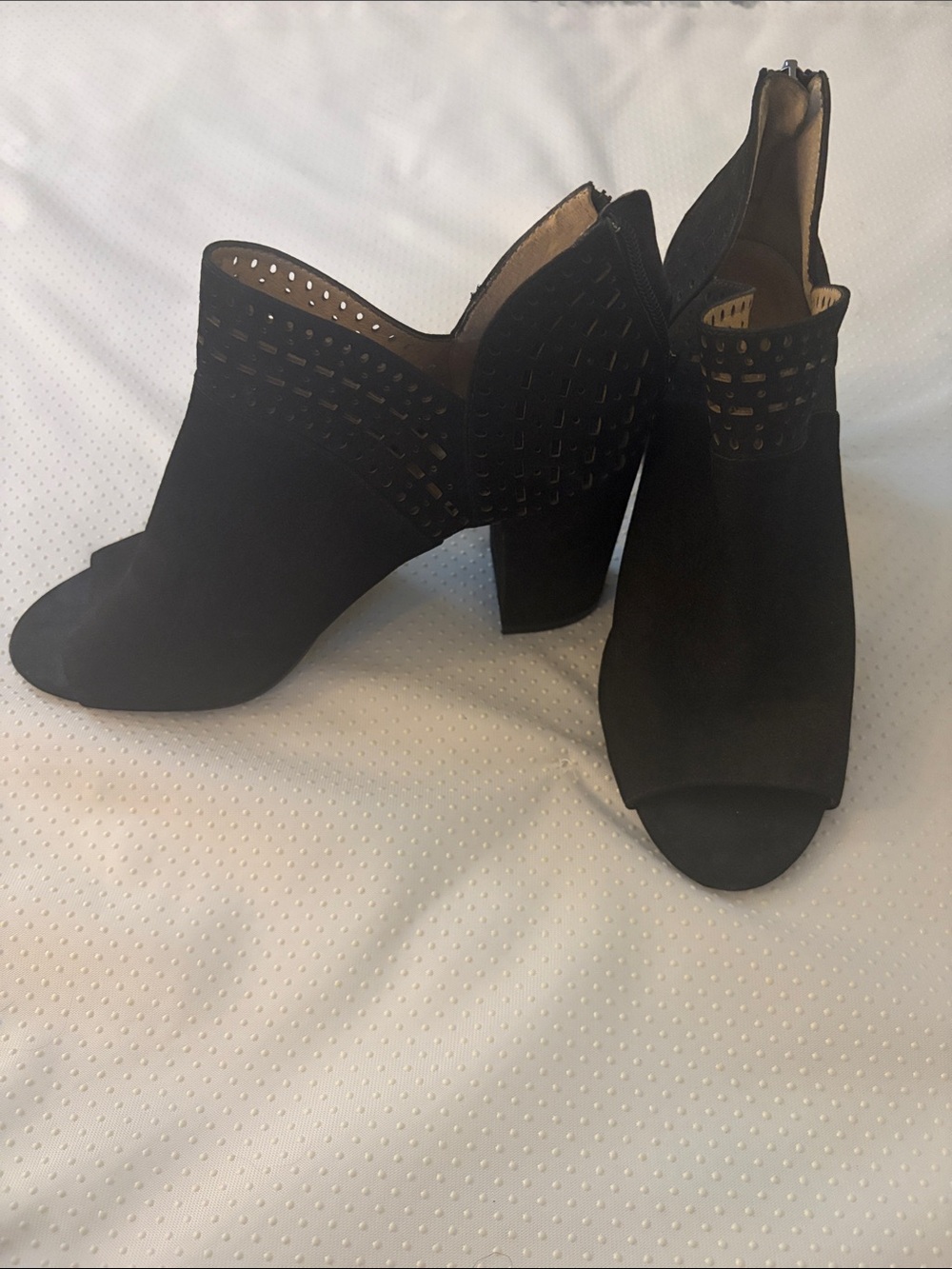 ANTONIO MELANI Black Suede Peep-Toe Laser-Cut Ankle Booties